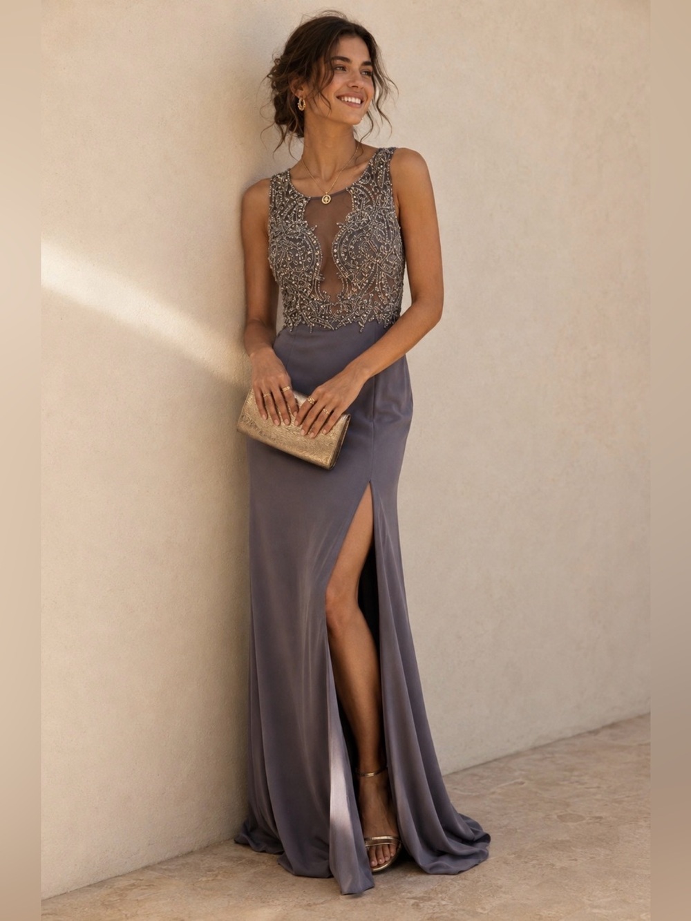 Grey Jeweled Sequined gown side slit 4